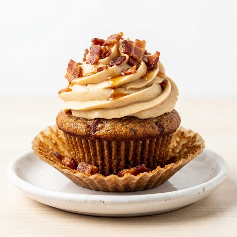 Cupcake érable et bacon fumé, glaçage à l'érable et éclats de bacon